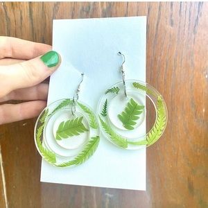 Fern hoop resin dangle earrings / nature jewelry